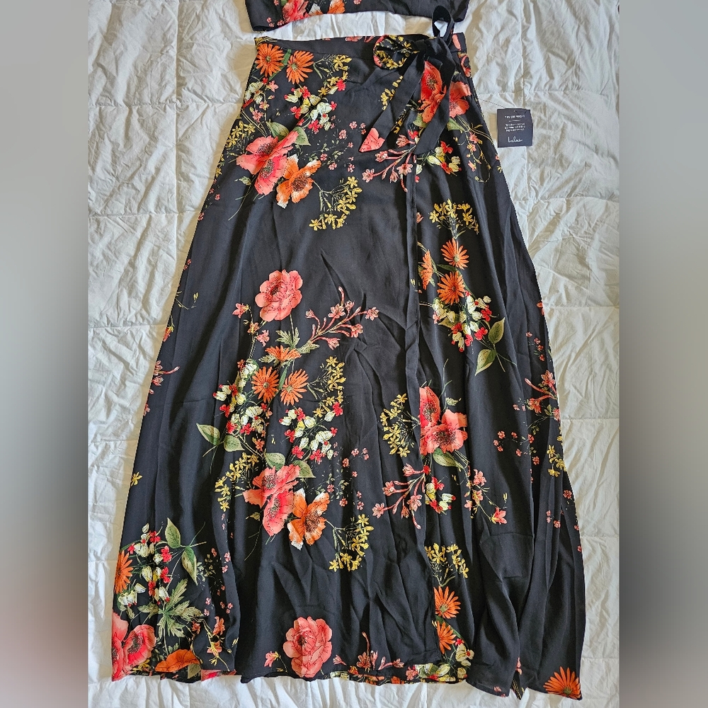 Lulu's Black Floral Maxi Skirt Set